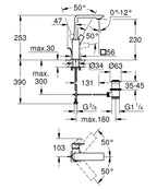 Grohe Allure Tek Kumandalı Lavabo Bataryası 1/2L-Boyut - 32146001 teknik çizim