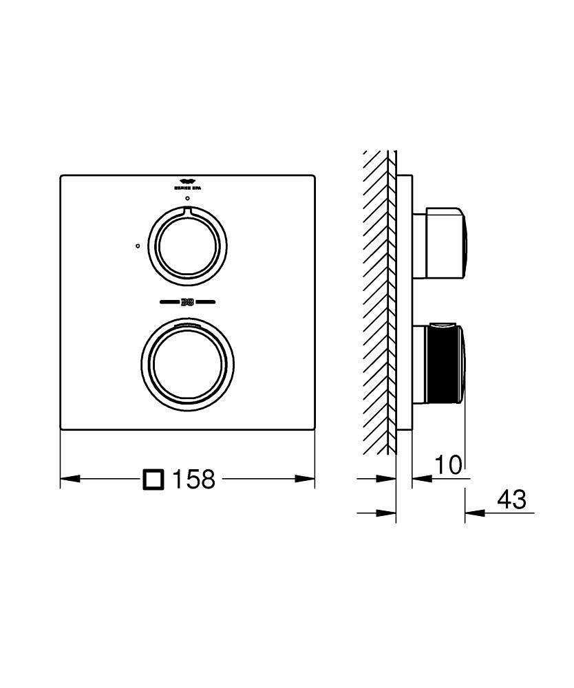 Grohe Allure Tek Valfli Akış Kontrollü, Ankastre Termostatik Duş Bataryası - 19380002 teknik çizim