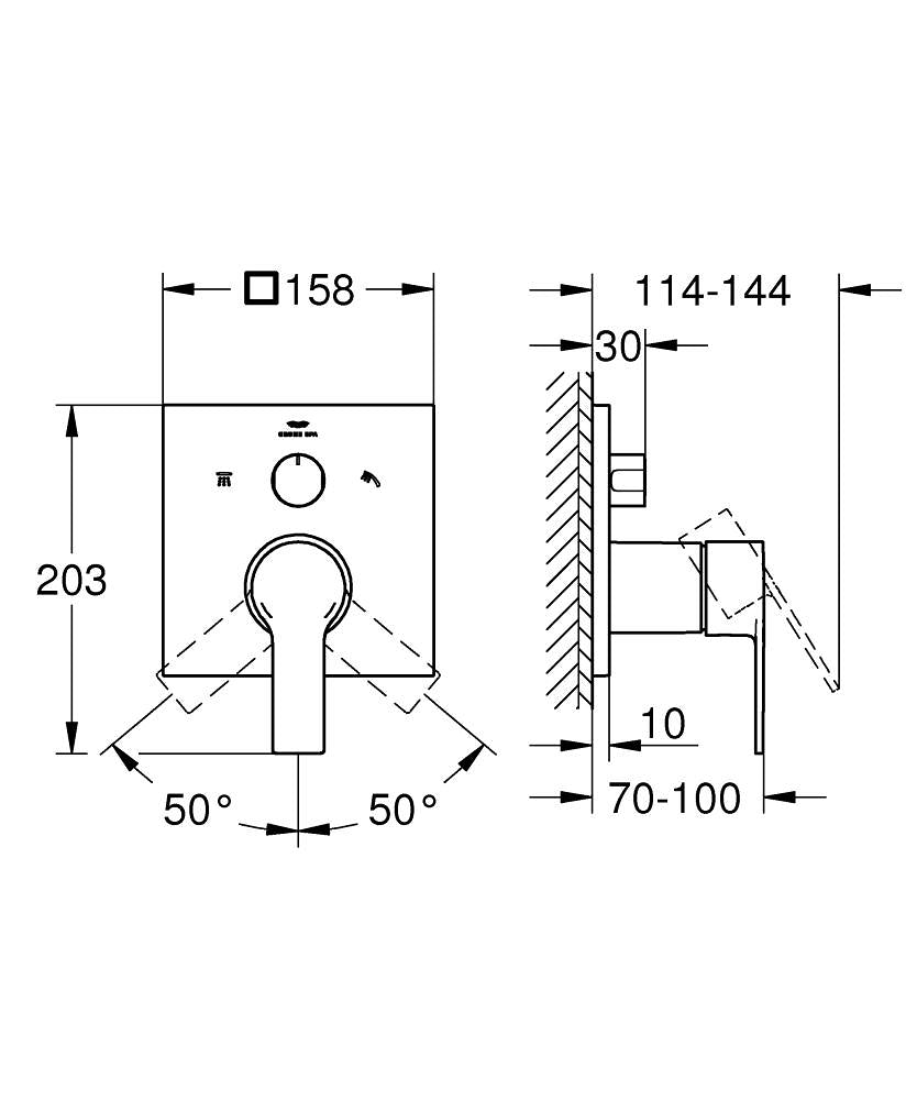 Grohe Allure Ankastre Banyo Duş Bataryası 3 Çıkışlı Divertörlü Krom – 29176001 teknik çizim