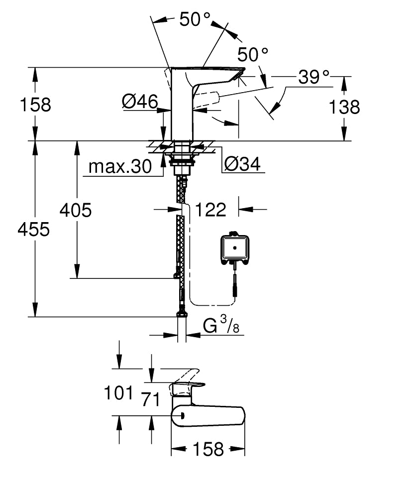 Grohe Eurosmart Fotoselli/Manuel Lavabo Bataryası M-Boyut Mat Siyah - 239752433 teknik çizim