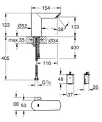 Grohe Bau Cosmo. E Fotoselli, Çift Su Girişli Lavabo Musluğu Pilli-36451000 teknik çizim
