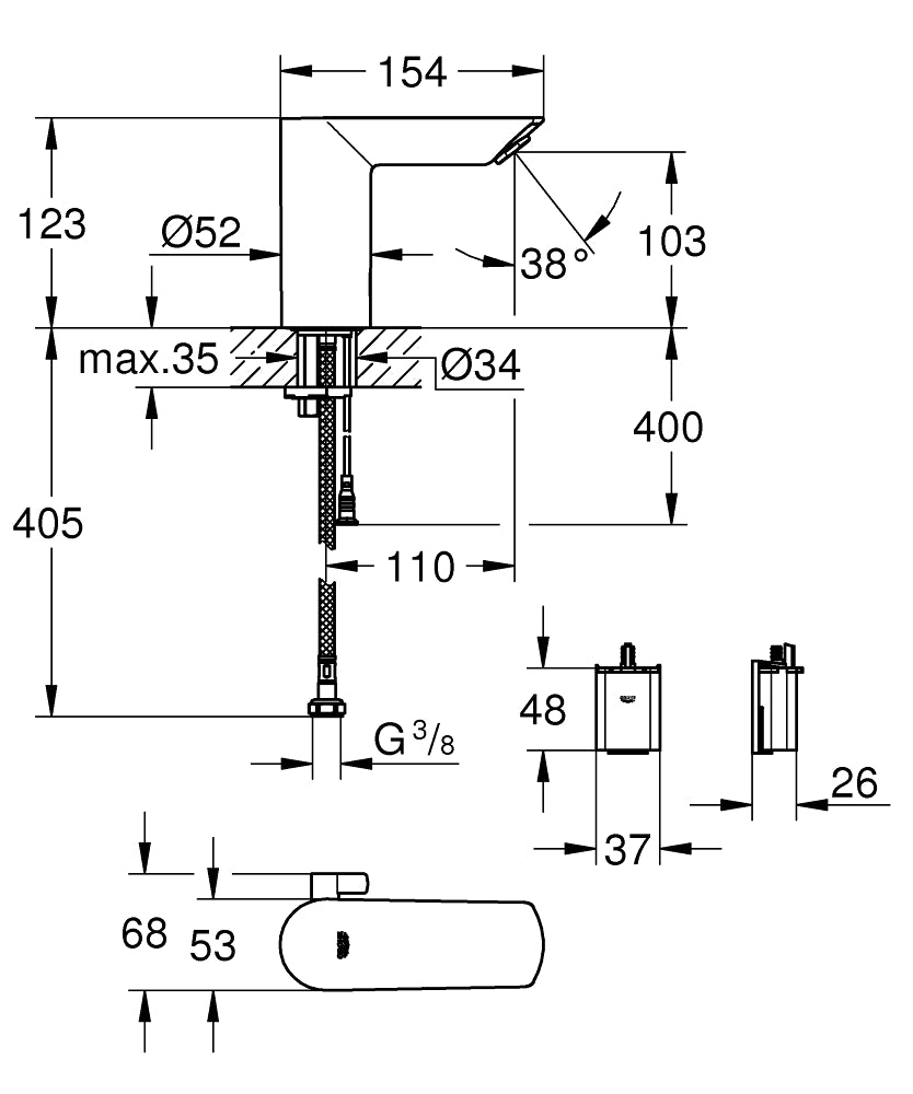 Grohe Bau Cosmo. E Fotoselli, Çift Su Girişli Lavabo Musluğu Pilli-36451000 teknik çizim