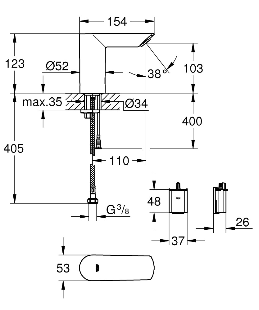 Grohe Bau Cosmo. E Fotoselli, Tek Su Girişli Lavabo Musluğu Pilli-36452000 teknik çizim