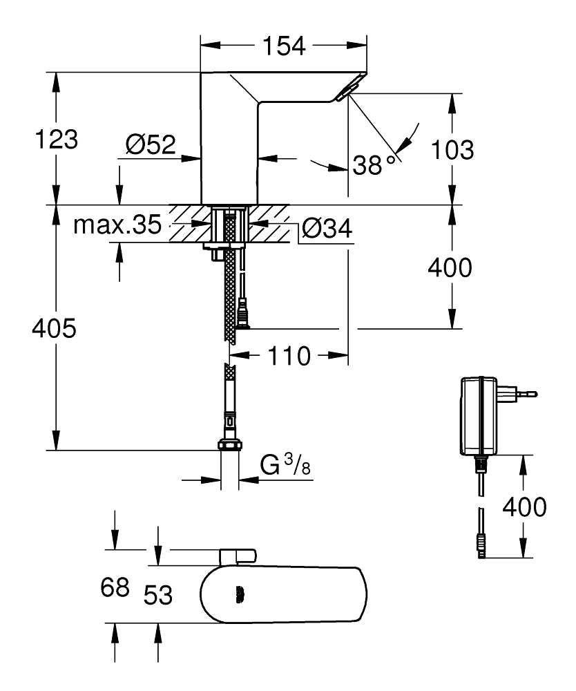 Grohe Fotoselli Lavabo Bataryası Elektrikli çift Su Girişi 36453000 teknik çizim