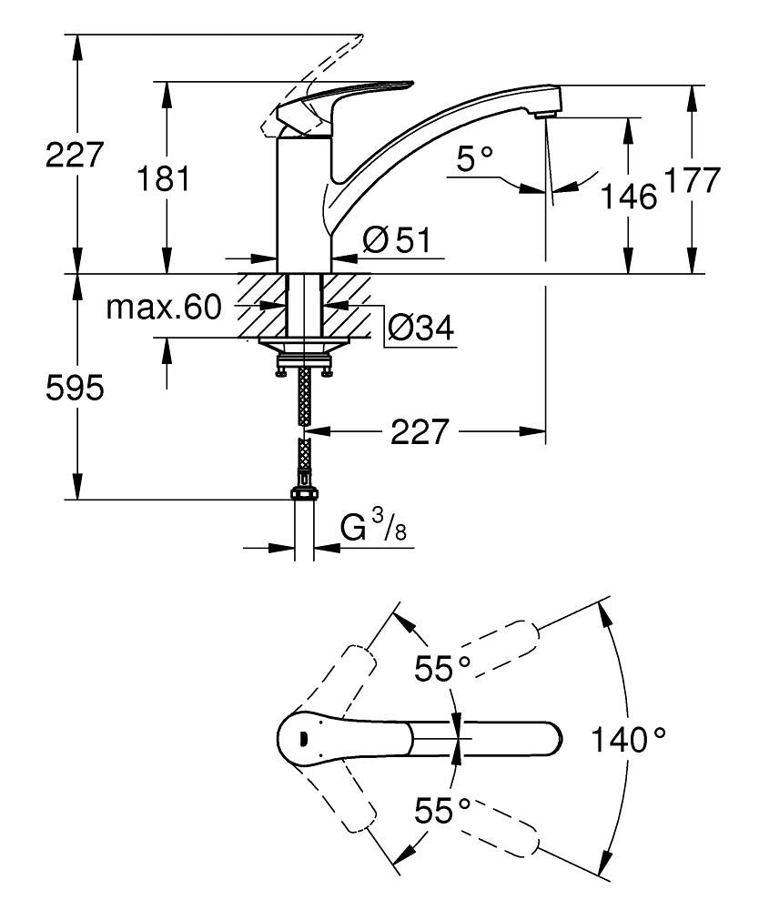 Grohe Eurosmart Tek Kumandalı Eviye Bataryası - 33281003 teknik çizim