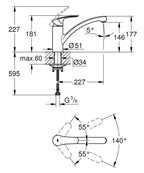 Grohe Eurosmart Tek Kumandalı Eviye Bataryası - 33281003 teknik çizim