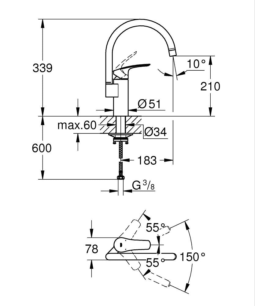 Eurosmart Tek Kumandalı Eviye Bataryası - 33202003 teknik çizim