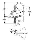 Grohe Eviye Bataryası Döner Borulu Eurosmart Cosmo Krom- 32843002 teknik çizim