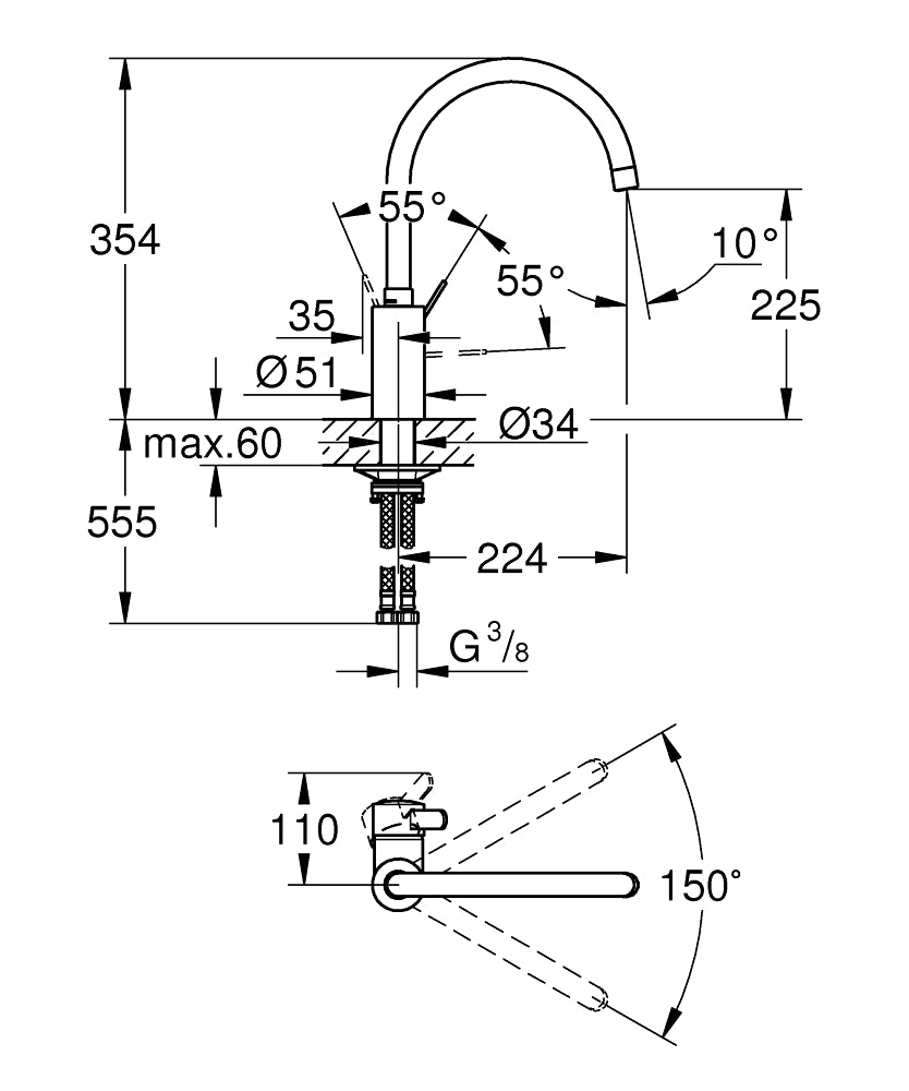 Grohe Eviye Bataryası Döner Borulu Eurosmart Cosmo Krom- 32843002 teknik çizim