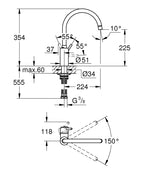 Grohe Eviye Bataryası Döner Borulu Concetto Krom - 32661003 teknik çizim
