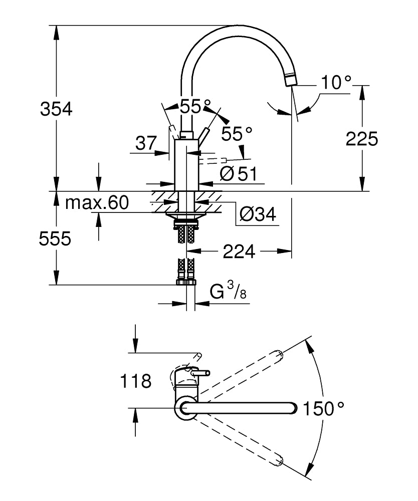 Grohe Eviye Bataryası Döner Borulu Concetto Krom - 32661003 teknik çizim