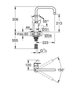 Grohe Eviye Bataryası Döner Borulu Eurodisc Krom - 32259003 teknik çizim