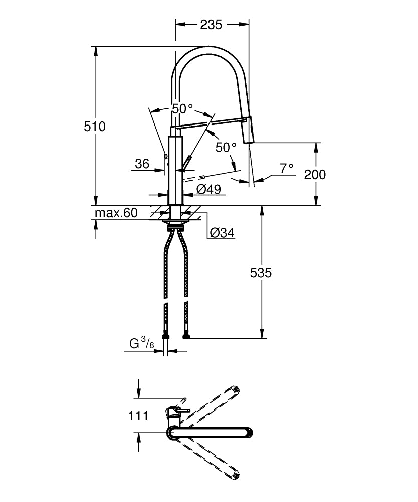 Grohe Eviye Bataryası Spiralli 2 Fonk. Concetto Krom/Siyah-31491000 teknik çizim