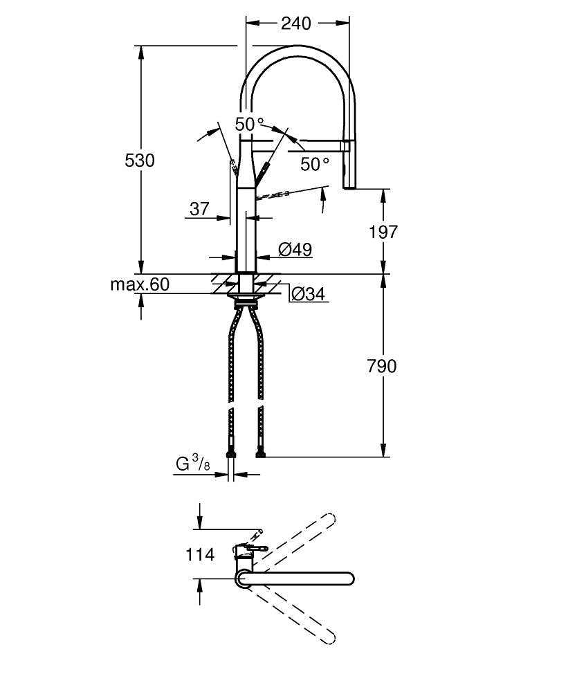 Grohe Eviye Bataryası Spiralli 2 Fonk. Essence Krom/Siyah-30294000 teknik çizim