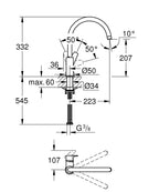 Grohe Eviye Bataryası Döner Borulu BauEdge Krom - 31367001 teknik çizim