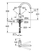Grohe Eviye Bataryası Döner Borulu Minta Super Steel - 32917DC0 teknik çizim