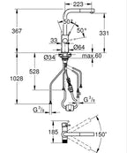 Grohe Blue Pure Minta Arıtma Takılan Spiralli Eviye Bataryası Krom - 30590000 teknik çizim