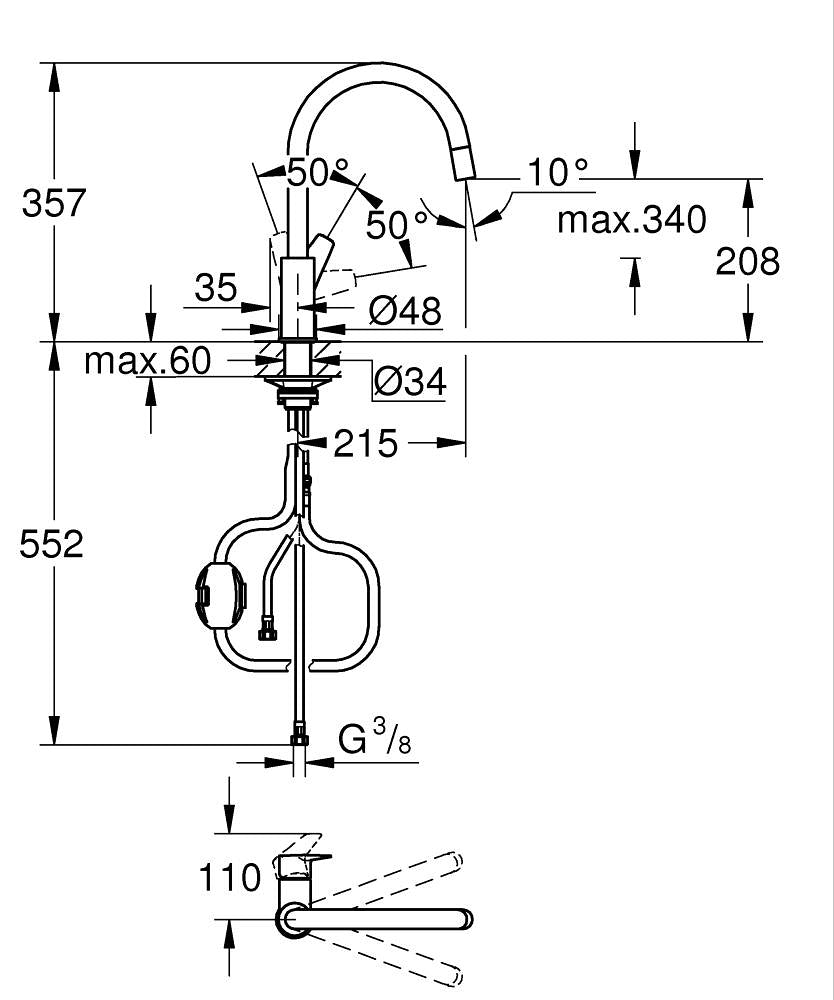 Grohe Eviye Bataryası Spiralli BauEdge - 30536000 teknik çizim