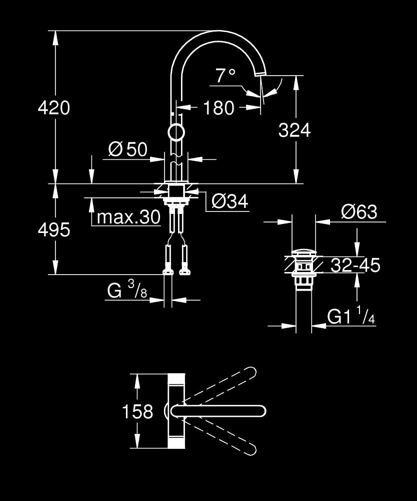Grohe Atrio Private Collection Lavabo Bataryası 1/2’’ XL-Boyut Krom – 21142000 teknik çizim