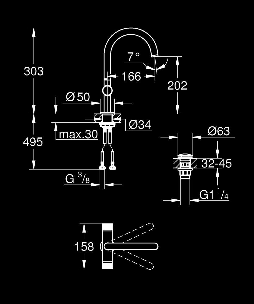 Grohe Atrio Private Collection Lavabo Bataryası L-Boyut Krom – 21138000 teknik çizim