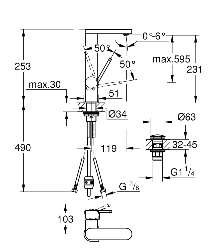 Grohe PlusTek kumandalı lavabo bataryası 1/2" L-Boyut teknik çizim
