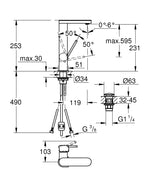Grohe PlusTek kumandalı lavabo bataryası 1/2" L-Boyut teknik çizim