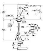 Grohe Lavabo Bataryası Plus L-Boyut Krom - 23843003 teknik çizim