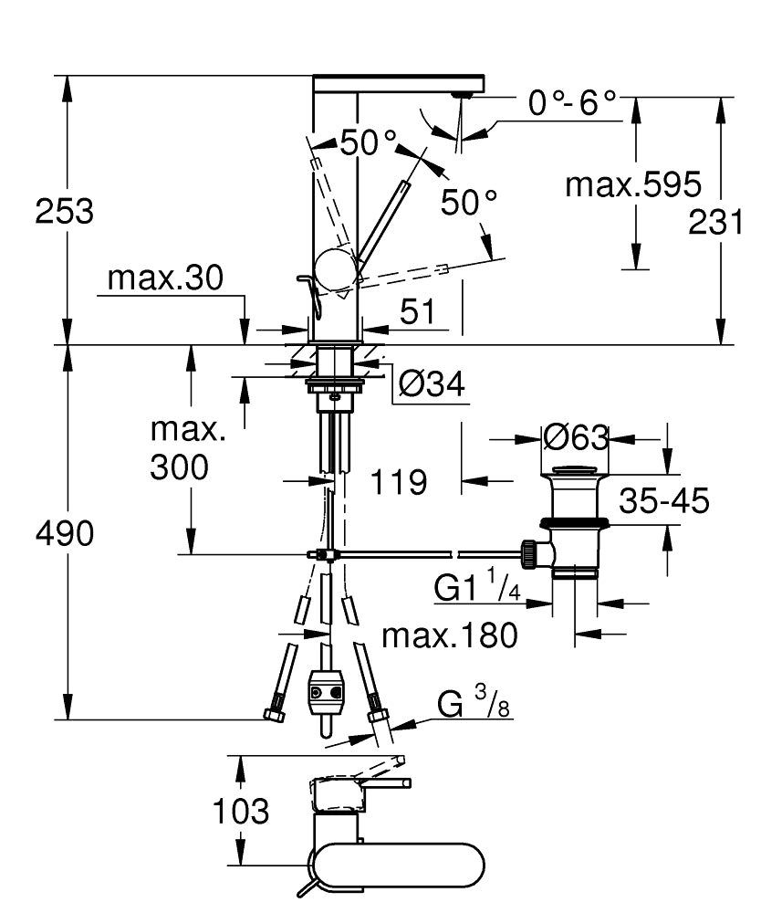 Grohe Lavabo Bataryası Plus L-Boyut Krom - 23843003 teknik çizim