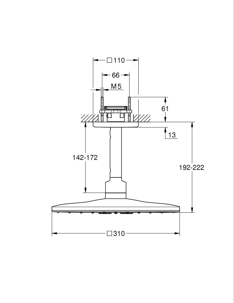 Grohe Rainshower Smartactive 310 Cube Tepe Duşu Seti 142 Mm, 2 Akışlı, Krom-Beyaz- 26481LS0 teknik çizim