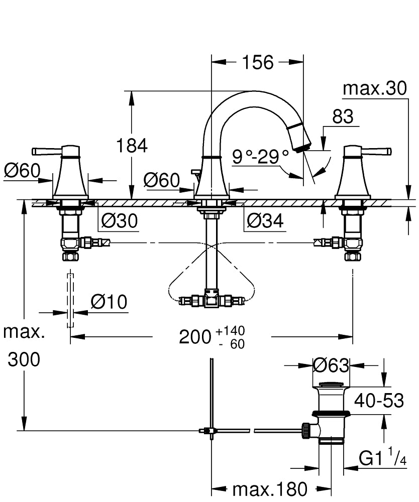Grohe Lavabo Bataryası 3 Delikli Grandera M-Boyut Krom – 20624000 teknik çizim