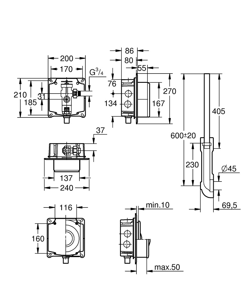 Grohe Klozet Için Yıkama Valfi - 37157000 teknik çizim