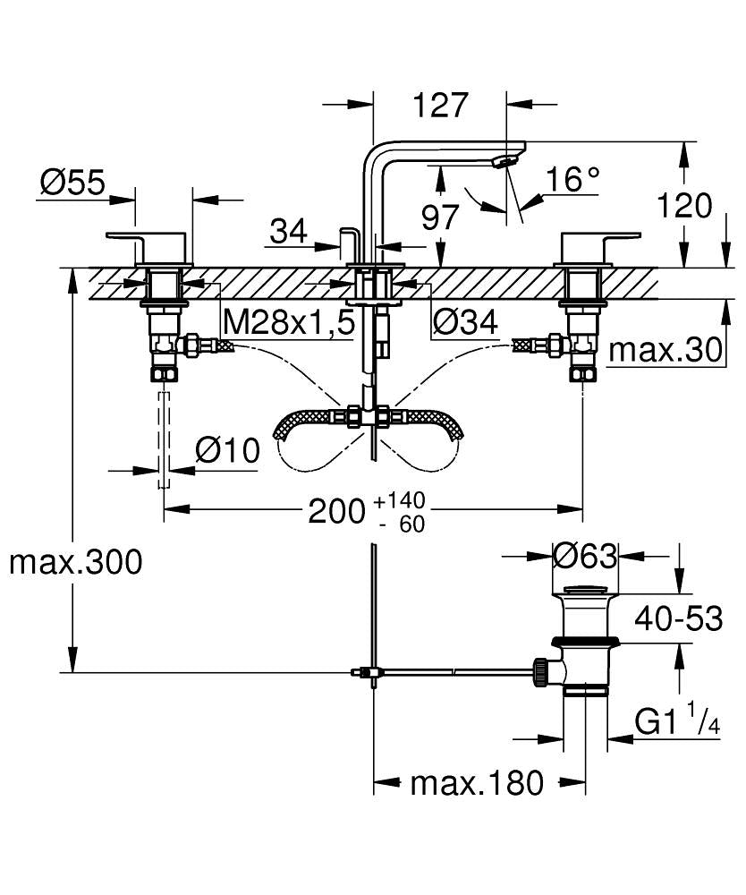 Grohe Lineare 3 Delikli Lavabo Bataryası - 20304001 teknik çizim