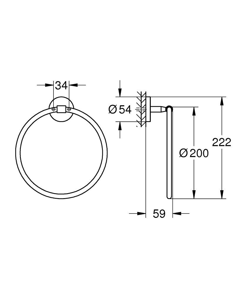 Grohe Yuvarlak Havluluk BauCosmopolitan Krom - 40460001 teknik çizim