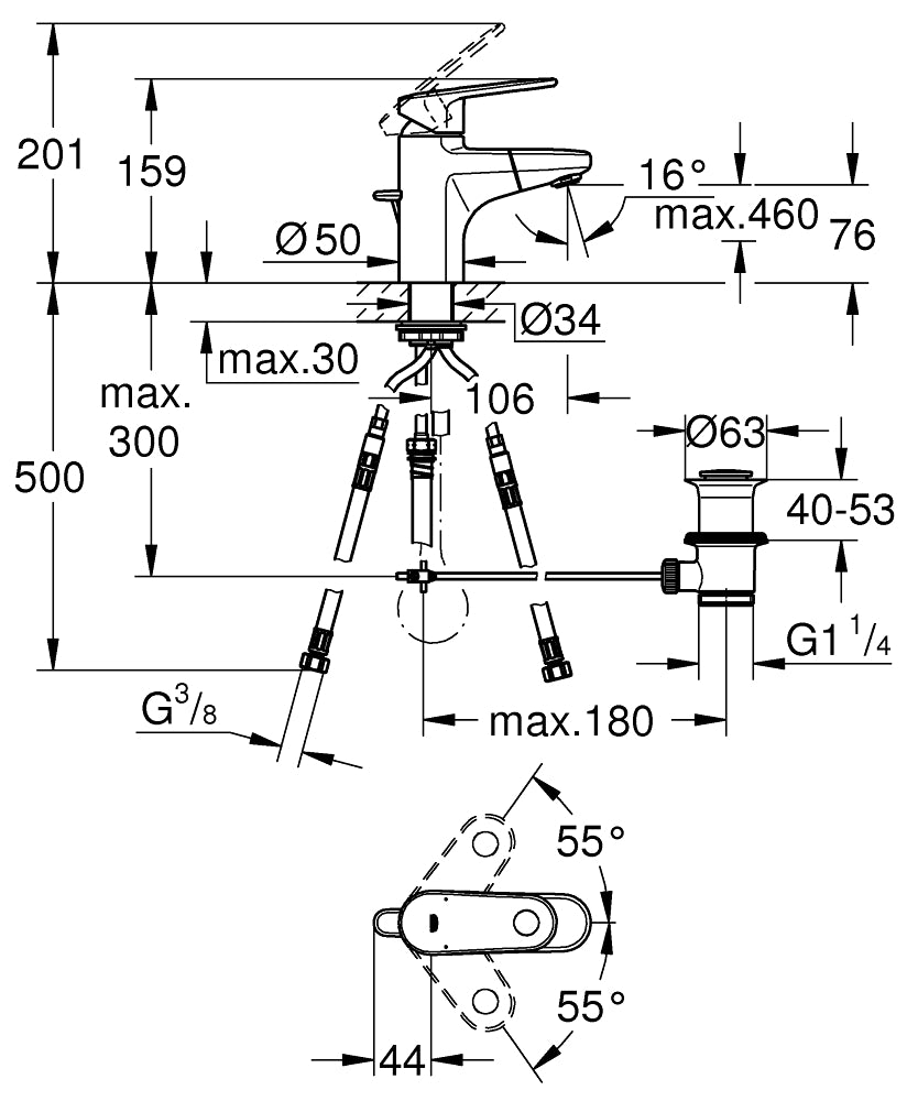 Grohe Spiralli Lavabo Bataryası Europlus S-Boyut Krom- 33155002 teknik çizim