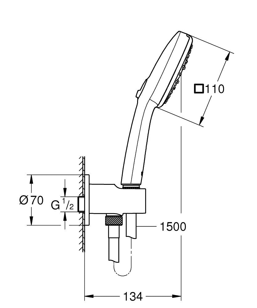 Grohe Tempesta Cube 110 Su Çıkış Dirsekli El Duşu Seti 3 Akışlı Rain,Jet,Masaj – Mat Siyah 269102433 teknik çizim
