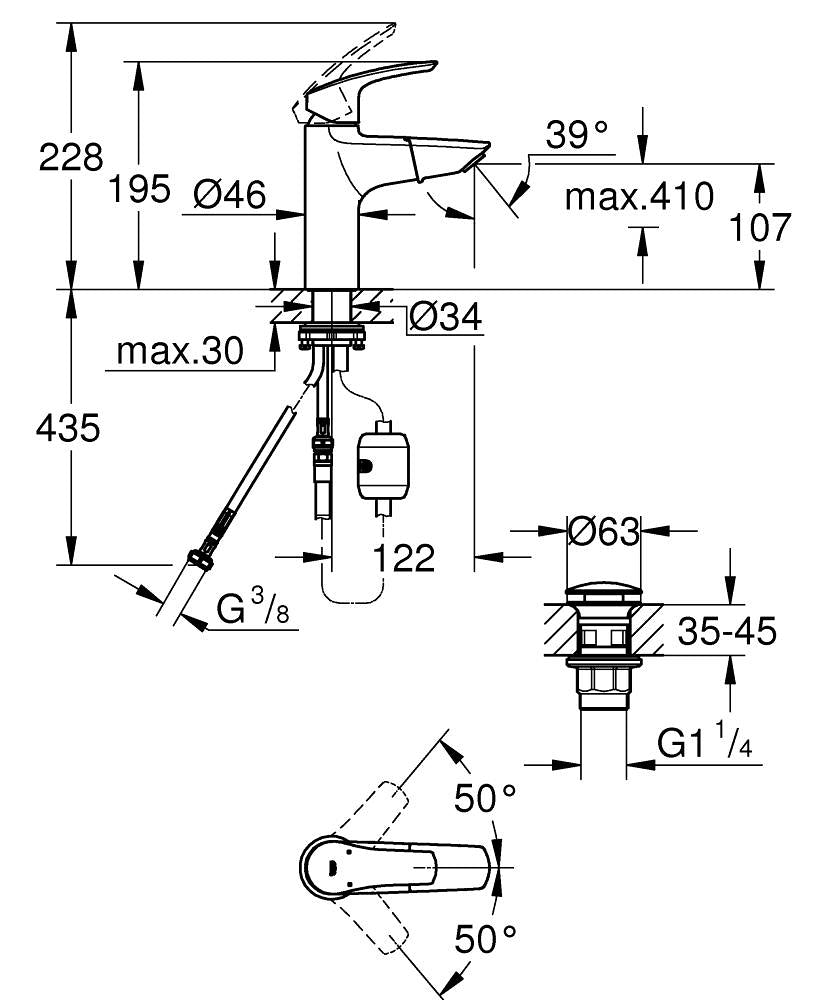 Grohe Eurosmart Tek Kumandalı Lavabo Bataryası 
M - Boyut - 23976003 teknik çizim