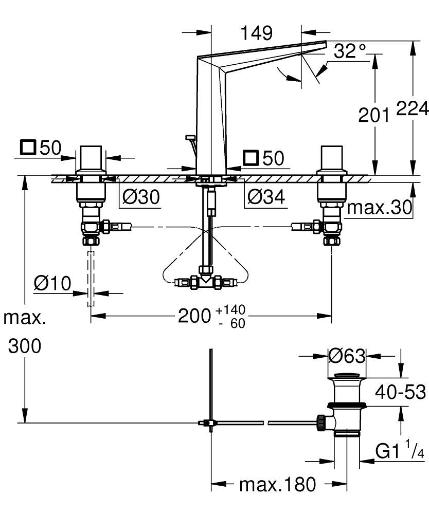 Grohe Allure Brilliant Private Collection 3 Delikli Lavabo Bataryası L Boyut Krom – 20669000 teknik çizim