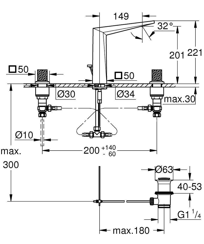 Grohe Allure Brilliant Private Collection 3 Delikli Lavabo Bataryası L Boyut - 20667000 teknik çizim
