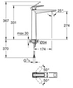 Grohe Allure Brilliant Private Collection Lavabo Bataryası XL Boyut Krom - 24419000 teknik çizim