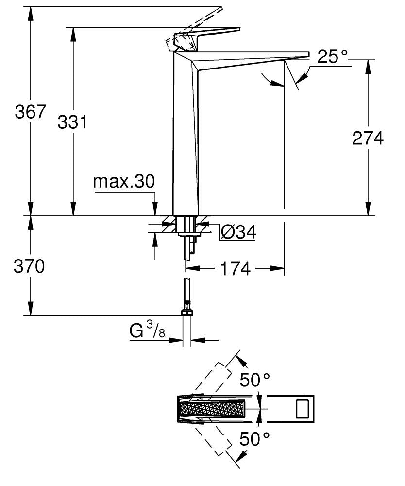 Grohe Allure  Brilliant  Private  Collection Tek Kumandalı Lavabo Bataryası  X L- Boyut - 24417000 teknik çizim