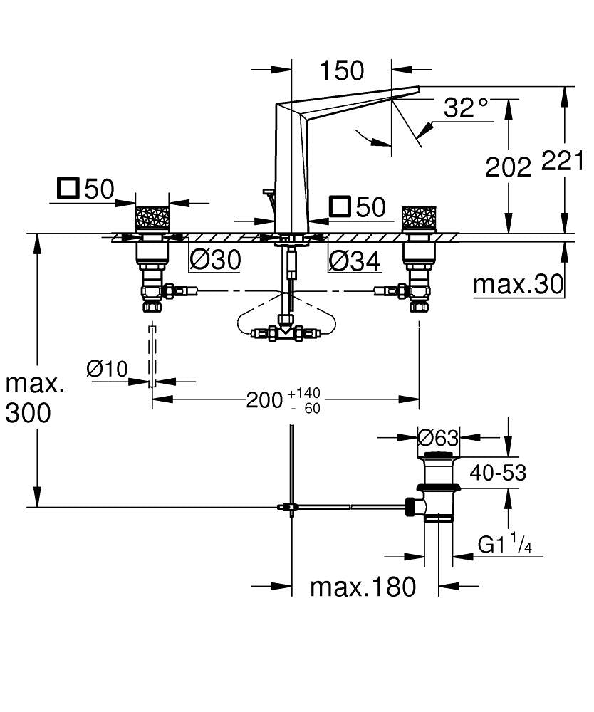 Grohe Allure Brilliant Private Collection 3 Delikli Lavabo Bataryası L Boyut Brushed Hard Graphite - teknik çizim