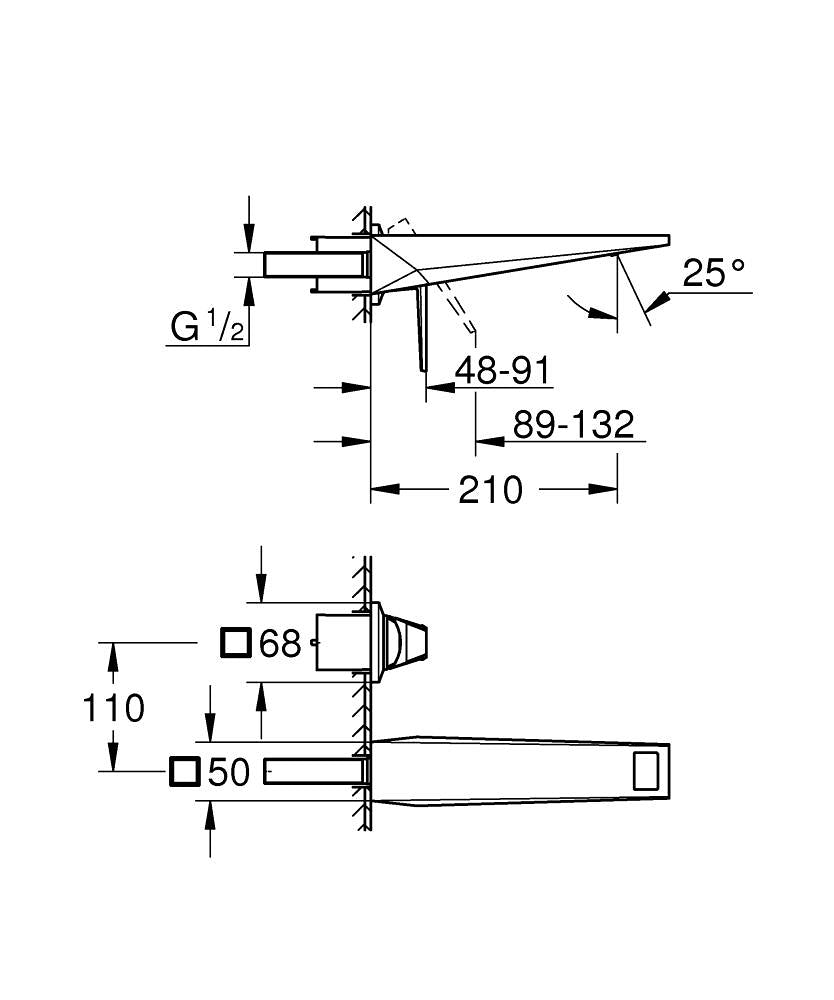 Grohe Allure Brilliant Private Collection 2 Delikli Duvardan Lavabo Bataryası M–Boyut Brushed Hard G teknik çizim