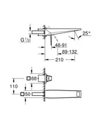 Grohe Allure Brilliant Private Collection 2 Delikli Duvardan Lavabo Bataryası M–Boyut Brushed Hard G teknik çizim