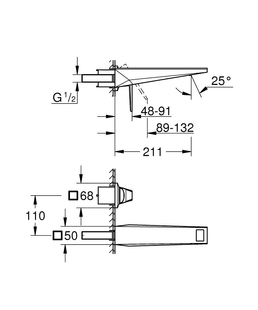 Grohe Allure Brilliant Private Collection 2 Delikli Duvardan Lavabo Bataryası M–Boyut Brushed Hard G teknik çizim