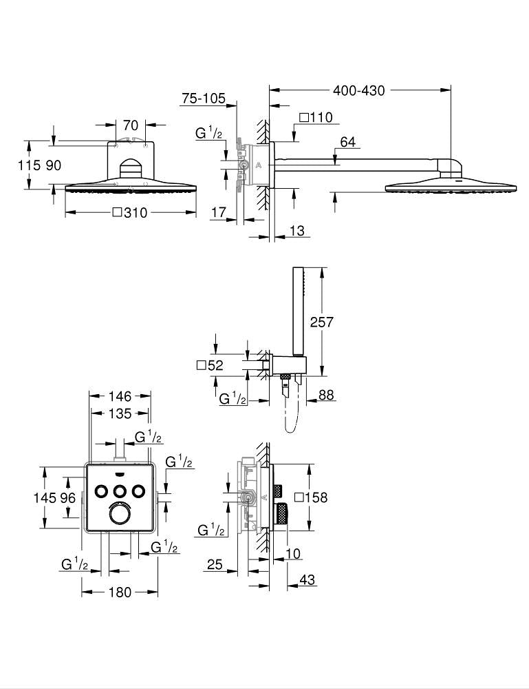Grohe Smart Control Duş Seti - 34712000 teknik çizim