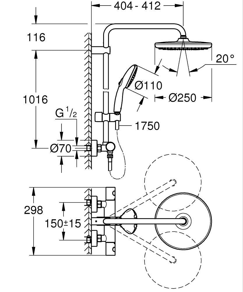 Grohe Tempesta System 250 Duvara Monte Termostatik Bataryalı Duş Sistemi Mat Siyah - 266702431 teknik çizim