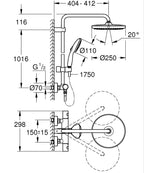 Grohe Tempesta System 250 Duvara Monte Termostatik Bataryalı Duş Sistemi Mat Siyah - 266702431 teknik çizim