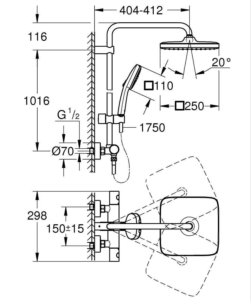 Grohe Tempesta System 250 Cube Duvara Monte Termostatik Bataryalı Duş Sistemi Mat Siyah - 266892431 teknik çizim
