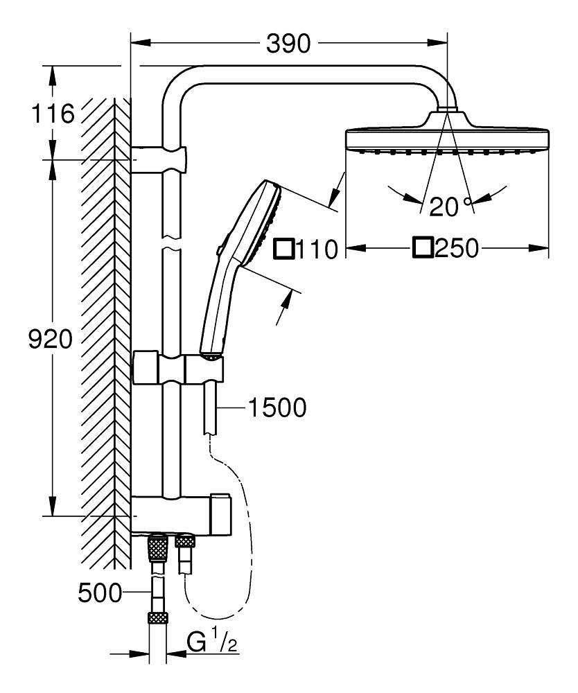 Grohe Tempesta Cosmopolitan System 250 Cube Duvar Bağlantılı, Divertörlü Duş Sistemi - 26694001 teknik çizim