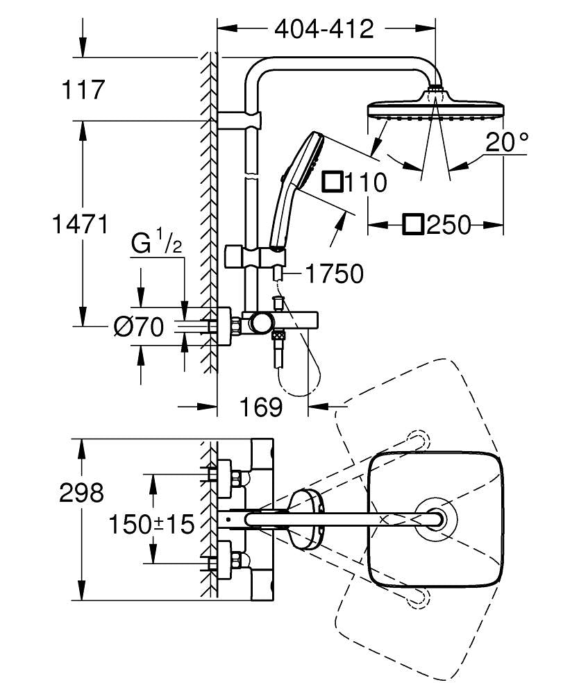 Grohe Tempesta System 250 Cube Duvara Monte Termostatik Bataryalı Duş Sistemi Krom - 26691001 teknik çizim
